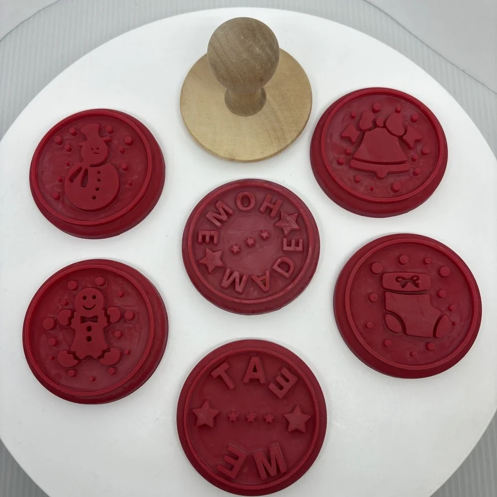 6 Wooden Rubber Silicone Stamp Cookie Press Circle Holiday Home Made Christmas